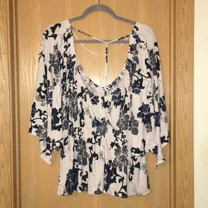 Free People White Top with Navy Floral Print